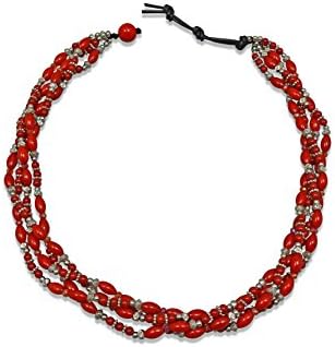 BjB Multi-strand Hand Beaded Red Coral Silver Beads Collar Statement necklace.