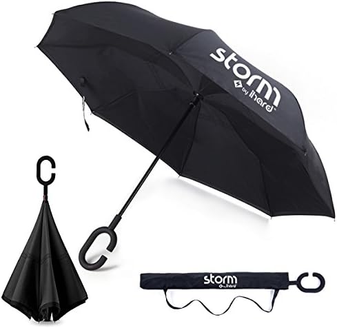 iHard Storm Reverse/Inverted Umbrella Double-Layer Windproof Waterproof Self-Standing Hands Free C-Shape UV Protection Sweat-proof Handle | Inside-Out Folding For Easy Car Use | Carry Bag (BLACK)
