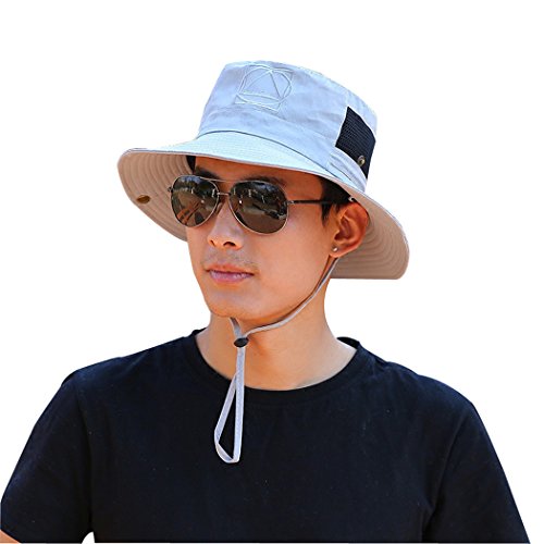 Kafeimali Outdoor Cowboy Sun Caps Wide Brim Bucket Fishing Summer String Hats (Gray)