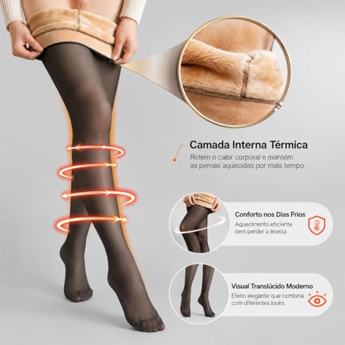 Meia Calça Térmica Feminina Translúcida Forrada Pelinho Preta Tamanho Único 36 ao 44 Interior Aveludado Efeito Meia Fina Forro Pelúcia Poliéster Elastano Para Inverno
