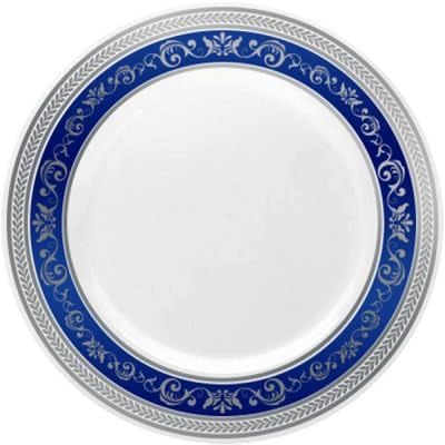 Royalty Settings Royal Collection Hard Plastic Plates for Weddings for 120 Persons, Includes 120 Dinner Plates, 120 Salad Plates, 240 Forks, 120 Spoons, 120 Knives, Blue with Silver Rim