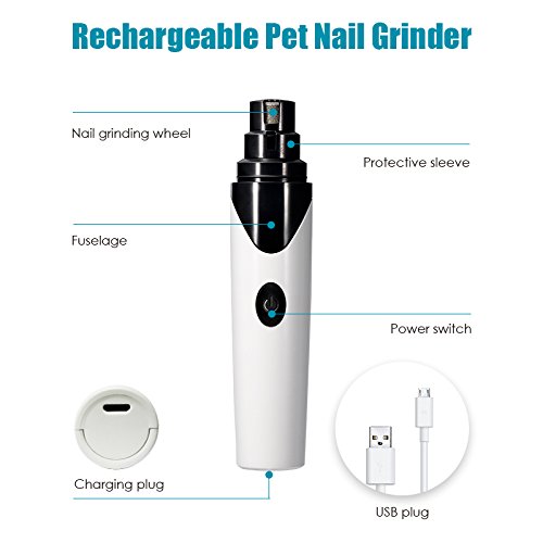 Pet Nail Grinder, Mindsinglong USB Rechargeable Electric Animals Nail Grooming Tool for Small Medium Large Size Dogs, Cats and Other Pets - White