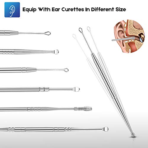 Ear Wax Removal Tool,Ronten 6pcs Ear Candles Stainless Steel Curette Earwax Removal Kit with Storage Box and Cleaning Brush, Silver