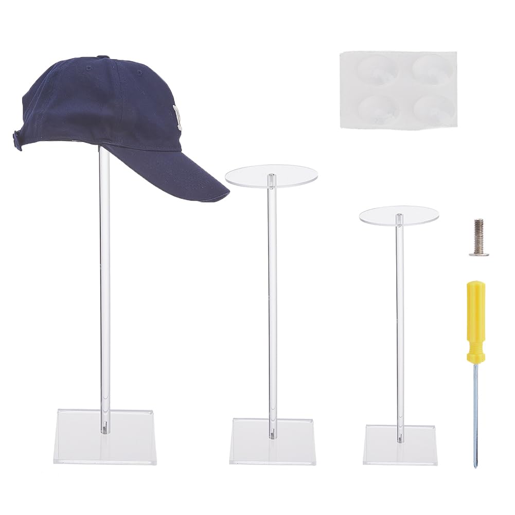 DICOSMETIC 3 Sizes Acrylic Hat Stand Transparent Acrylic Wig Stand Rack 12.09"/12.64"/15.75" Pedestal Hat Holder Stand for Hat Jewelry Display Organization
