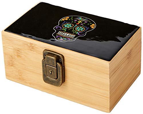 Fess Product Day Of The Dead Stash Box Combo - 2.5 Inch Heavy Full Size Titanium 4 Part Herb Grinder - DOD UV Glass stash jar - Day Of the Dead Engraved Wood Bamboo Box