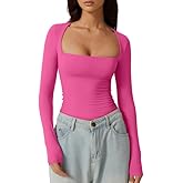QINSEN Women's Sexy Square Neck Shirt Long Sleeve Double Lined Tees Fitted Going Out Tops