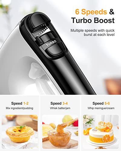 Vecuni Hand Mixer, 250W 6-Speed Mixer Electric Handheld, Egg Beaters Baking Beaters with Turbo Boost & Eject Button, Portable Kitchen Mixer with Dough Hooks for Easy Whipping, Cream, Cake, Cookies