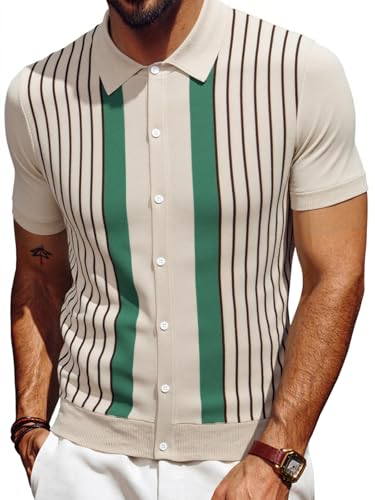 Les umes Polo Men Striped Retro Short Sleeve Cardigan Cotton Summer Golf Casual