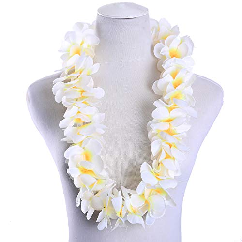 Pack of 4 Hawaiian Leis Necklace Tropical Luau Hawaii Wreaths Silk Flower Lei Thickened Dance Garland Flower Leis for Party Favor Hula Hawaiian Party Supplies (White, 4)