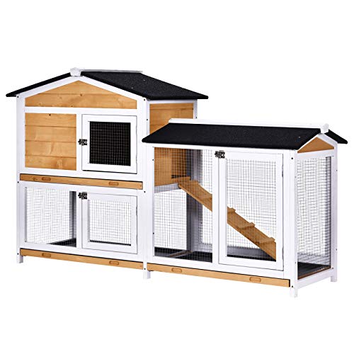 PawHut 2Story Rabbit Hutch Wooden Bunny Hutch Cage Small Animal House with Ramp, No Leak Tray