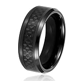 Tungsten Wedding Bands, Will Queen 8mm Beveled Black Carbon Fiber Inlay Men's Rings Top Polished Finish