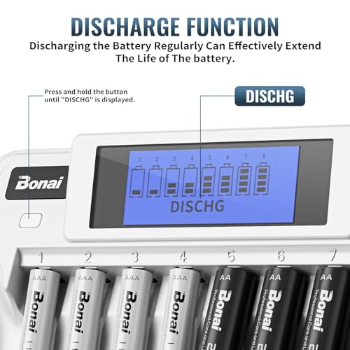 BONAI 8+1 Slots LCD Battery Charger, Universal AA/AAA/9V Ni-MH, Smart LCD Display, Independent Charging, Built-in Discharge Function