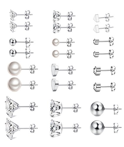 Thunaraz 12Pairs Surgical Steel Stud Earring Set Earring Ball Triangle Heart CZ Earring - Thumbnail 5