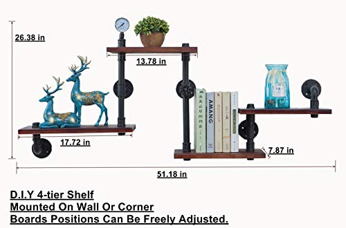 DOFURNILIM Industrial Rustic Wall Wood Pipe Ladder Floating Shelves - DIY Modern Storage Shelving Bookshelf for Bathroom Kitchen Office Home - Steampunk Wood Shelf Bookcase - 4 Tier - Thumbnail 5