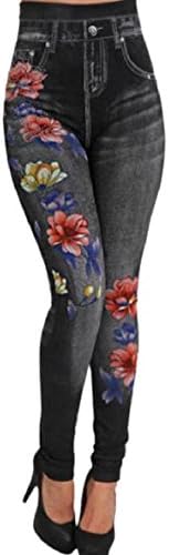 ONTBYB Women's High Waist Denim Fake Jeans Floral Print Leggings