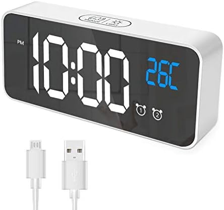 Laelr Digital Dual Alarm Clock, LED Mirror Display Bedside Clock USB Charging Table Clock, Adjustable Volume & Brightness Time Temperature Display Snooze Alarms for Home Office, White (big)