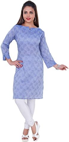 Tera Fab Studio Amazon Women's New Designer kurtis Blue Color Cotton Dobby Boat Neck Straight Fit Kurta With Three Quarter Sleeves-Latest Designer Kurti, Stylish and readymade,Party wear for women, 3/4 Sleeve Long Ethnic cotton kurta,Silk Kurta, Ladies Tops,Wedding Wear, Casual Daily Wear, Festive Wear, Bollwood New Collection, 2018 Collection