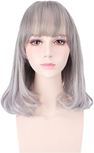 COSIN 16 Inches Short Curly Silver Grey Wigs with Airs Bangs for Women Girls Hairnet Include