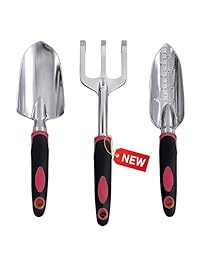 FANHAO Ergo Juego de herramientas de jardín, 3 piezas de aluminio fundido resistente para jardinería con pala y pala, transplantador y cultivador, ideal para hombres y mujeres negro/rojo