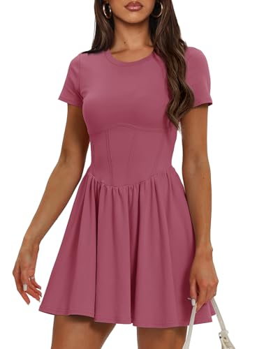 DARONG WOMEN’S CASUAL PLAIN SIMPLE T-SHIRT A LINE DRESS CREW NECK DROP WAIST MINI DRESSES 9051 RASPBERRY PINK M