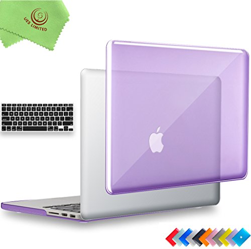 UESWILL 2in1 Glossy Crystal Clear Hard Shell Case with Keyboard Cover for MacBook Pro 15" with Retina Display(NO Touch-Bar)(A1398) (NOT for 2016 Version) + Microfibre Cleaning Cloth, Purple