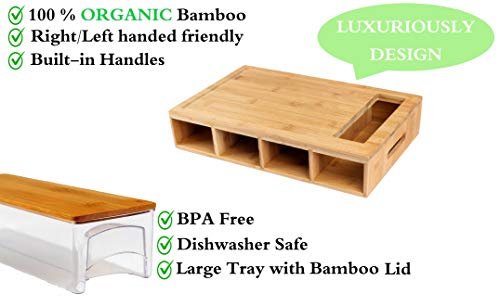 Large bamboo cutting board with trays/drawers/container and bamboo lids, Chopping board with juice grooves, handles & food sliding opening, cutting board with 4 trays for easy food prep and cleanup