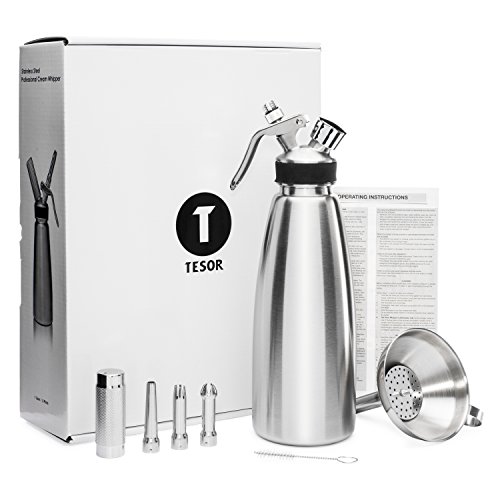 Click Here to See More Images Tesor Stainless Steel Whipped Cream Dispenser Value Bundle With Three Tip Attachment Nozzles, Funnel and Strainer. Professional Quality Whipper For Creating Gourmet Whip Cream (1 Quart)