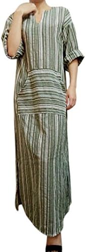 Womens Vintage Cotton Linen Long Kaftan Striped Long Sleeve Loose Maxi Dress Plus Size