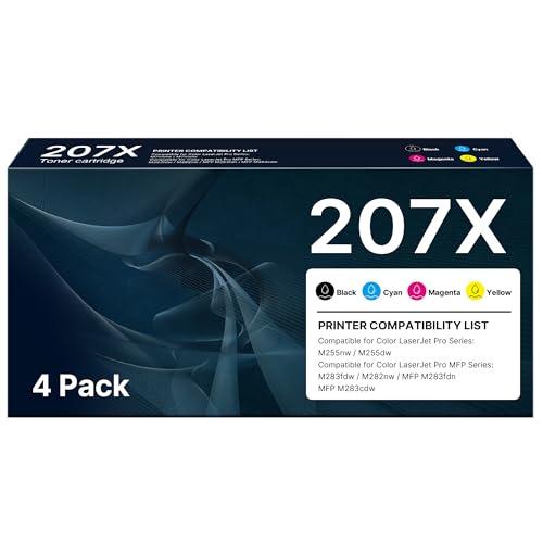 Toner 207X 207A avec Puce Compatible avec HP Color LaserJet MFP 283cdw 283fdn 283cdw 283fdw M282nw, Pro M255dw M255nw, W2210X W2211X W2212X W2213X Cartouche de Toner (Noir, Cyan, Jaune, Magenta, Lot