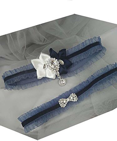 Original Flowers wedding garter set with bow crystals in velvet band (dark navy)