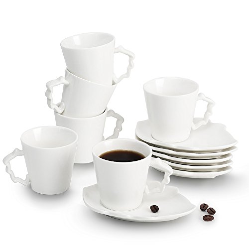 Porcelain Espresso Cups Leaves series 2 oz Cups & Saucers Set of 6, Pukka Home