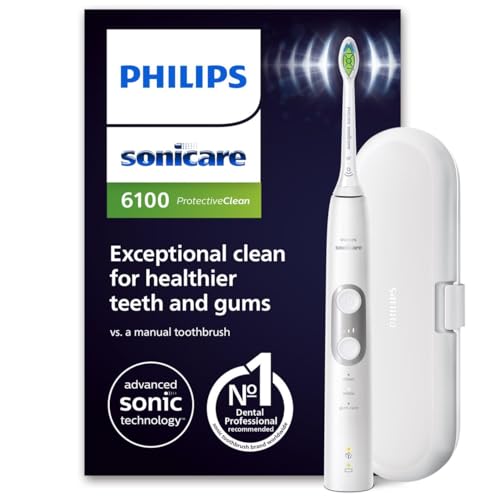 Philips Sonicare ProtectiveClean 6100 elektrische Zahnbürste, Schallzahnbürste mit App, 3 Putzmodi und 3 Intensitätsstufen, Drucksensor, Reiseetui, We