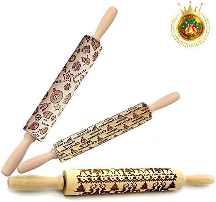 Christmas Wooden Rolling Pins,Engraved Embossing Rolling Pin with Christmas Deer Pattern,Christmas Themed Embossing Rollers for Baking Embossed Cookies 14" 3Pack