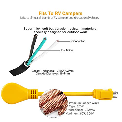 Epicord RV Power Cord Dogbone Adapter,Innovative 180 Degree Curved Design-15 Amp Male to 30 Amp Female,12\'\' 12AWG/3Cord