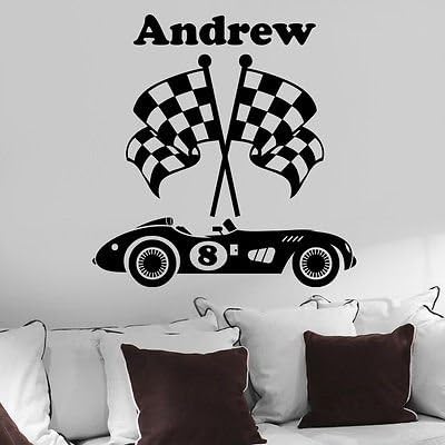 Personalised Vintage Racing Car Chequered Flag Vehicle Boys Name Wall Sticker