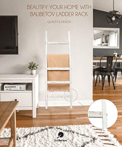 BALIBETOV Blanket Ladder-Decorative Wooden Blanket Rustic Ladder Bathroom Shelf- -Bathroom Decoration-Wooden Clothes Drying Rack-White Shelf-Ladder Bookshelf-Towel Rack Stand (Rustic White, 4)