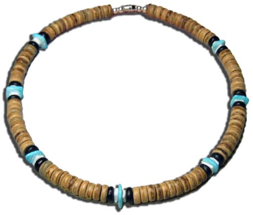 Unisex Adult Summer Beach Surfer Necklace, Mixed Brown Coconut Beads, Blue Clam Chips Ark Shells