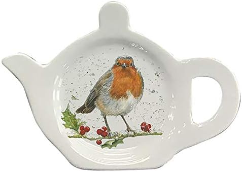 Bree Merryn Christmas Robin Pattern Teapot Shape Tea Bag Tidy Holder Kitchen Hygiene Melamine 13x10x2cm