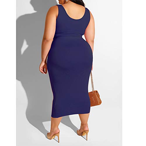 Womens Sexy Plus Size 2 Piece Midi Dress Outfits - Sleeveless Tie Dye Print Tank Crop Top Bodycon Skirts Set Royal Blue Solid 5XL