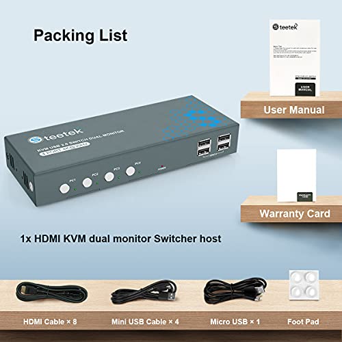 KVM Switch Dual Monitor 4 Port 4K30Hz, HDMI KVM Switch Extended