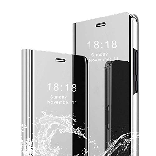 LANYOS Compatible Samsung Galaxy S10 Plus Flip Caseï¼ŒFull Body Protection Translucent Electroplate Plating S-View Mirror Cover Built in Kickstand (Silver)
