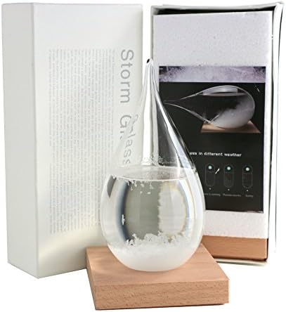 Elegant Large Storm Glass Weather Forecast Bottle Barometer Monitor (8.8"x4.5"x4.5")- New Liquid Formula with Floating Crystals - Includes Artistic Wood Base and Gift Box; Water Drop Shape
