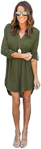 BossKey Women's V-Neck Chiffon Long Sleeve Casual Loose Dress Plus Size (XL, Army Green)
