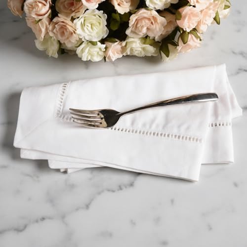 Simple&Opulence 100% Linen Dinner Napkins, Hemstitched Decorative 18x18 Inch(45x45cm) White French Flax Cloth, Pack of 4 Reusable Napkins,Stone Washed with Handcrafted Mitered Corners