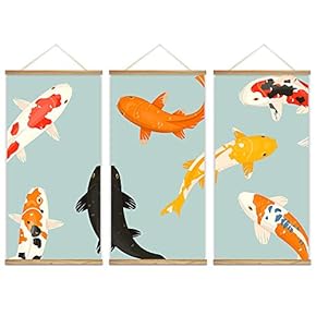 3 Panel Hanging Poster with Wood Frames - Hand Drawn Colorful Gold Fish - Ready to Hang Decorative Wall Art - 18"x36" x 3 Panels