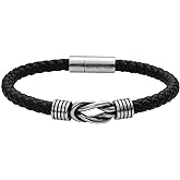 Geoffrey Beene Men's Braided Genuine Leather Knot Bracelet with Stainless Steel Closure