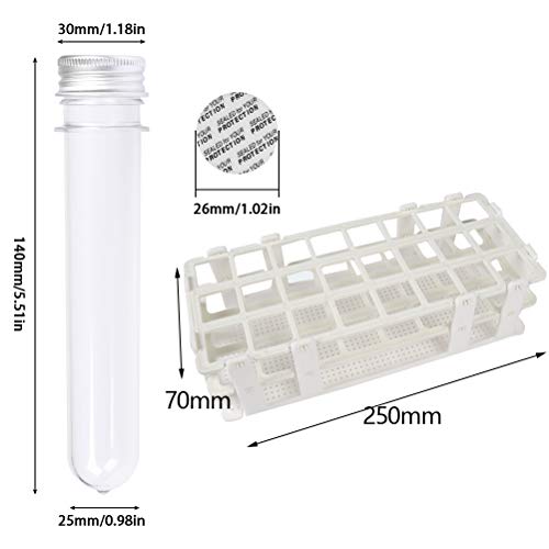 FOCCTS 15 Pack Test Tubes with Rack - 40ml Clear Plastic Test Tube Gumball Candy Tube Plastic Vials with Caps 25x140mm - 24 Holes Detachable Test Tube Rack Holder for 25mm Tubes