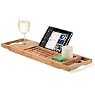 Bamboo Bathtub Caddy Tray with Extending Sides, Reading Rack, Tablet Holder, Cellphone Tray and Wine Glass Holder, Natural Wood Bath Accessories – Great Gift Idea. By Bambusi