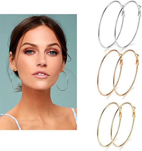 3 Pairs Big Hoop Earrings, Stainless Steel Huggie Dangle Hoop Earrings Gold Plated Rose Gold Plated Silver for Women
