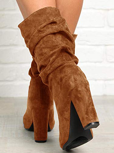 Womens-Winter-Slouchy-High-Heel-Boots-Mid-Calf-Suede-Slip-on-Chunky-Block-Pointed-Toe-Boots